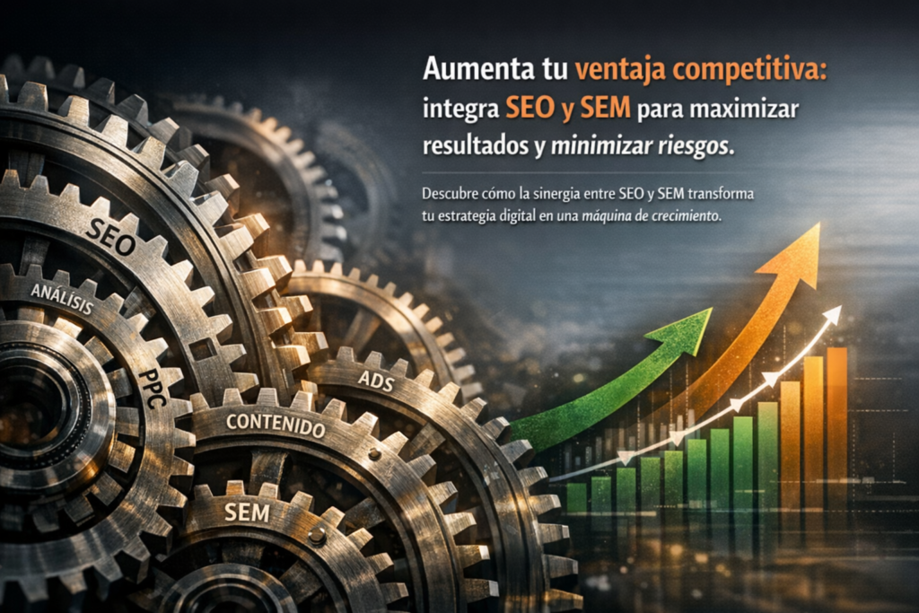 Ciclo de retroalimentación entre SEO y SEM representado como sistema de mejora continua.