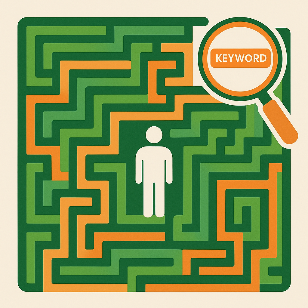 Importancia del keyword research en marketing digital simbolizada por un laberinto abstracto.
